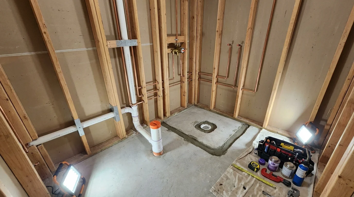 Bathroom rough-in plumbing during remodel by Johns Plumbing LLC in Santa Cruz