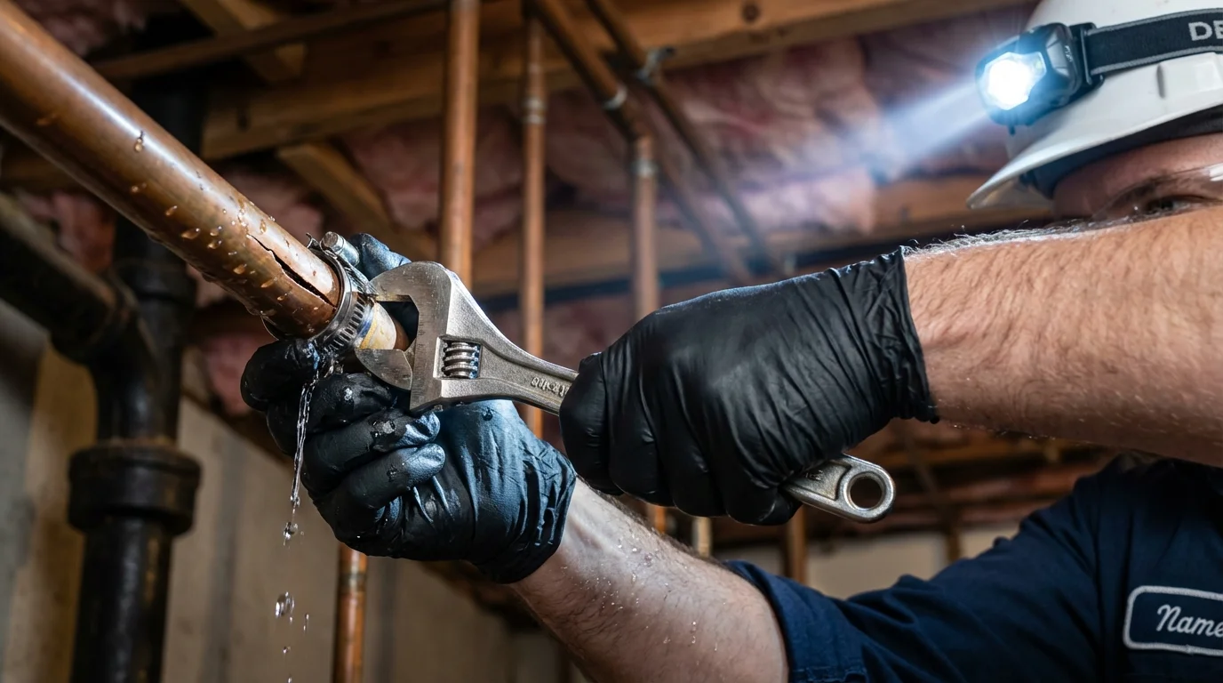 Emergency pipe clamp repair being performed by a Johns Plumbing LLC plumber in Santa Cruz