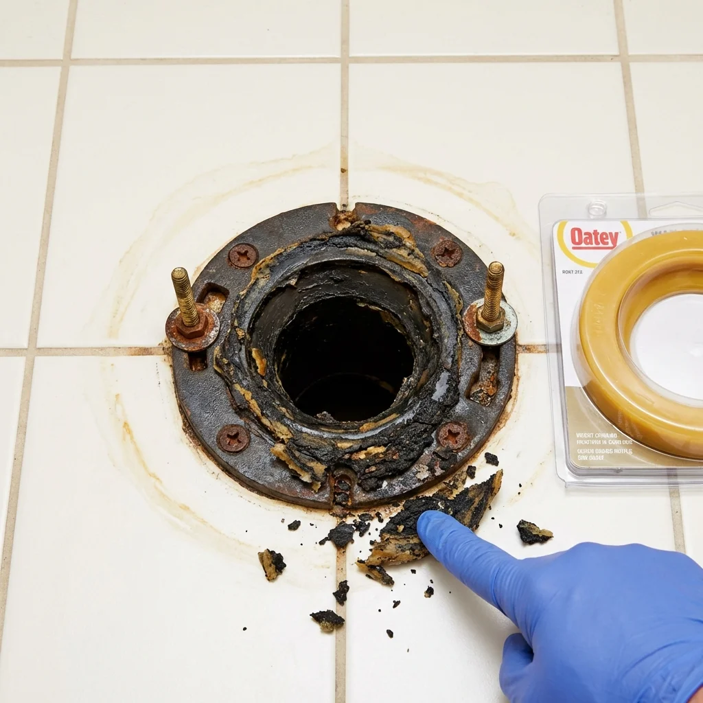 Failed wax ring showing water seepage at the base of a toilet in a Santa Cruz, CA home
