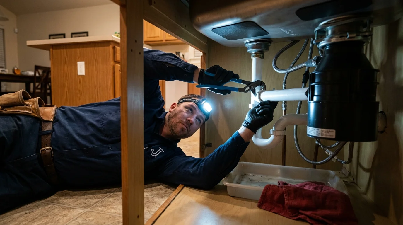 P-trap and supply line connections under a kitchen sink showing a common leak point in Santa Cruz, CA